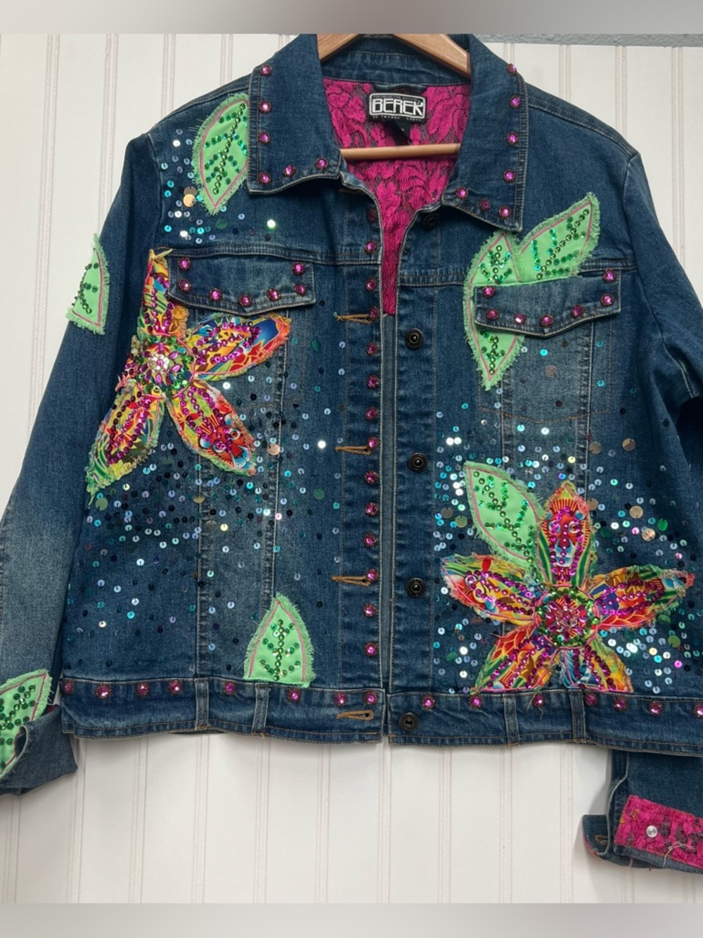 Vintage Berek 2 Takako Sakon Embellished Denim Jacket Pink Lace Sequin Art Sz PL